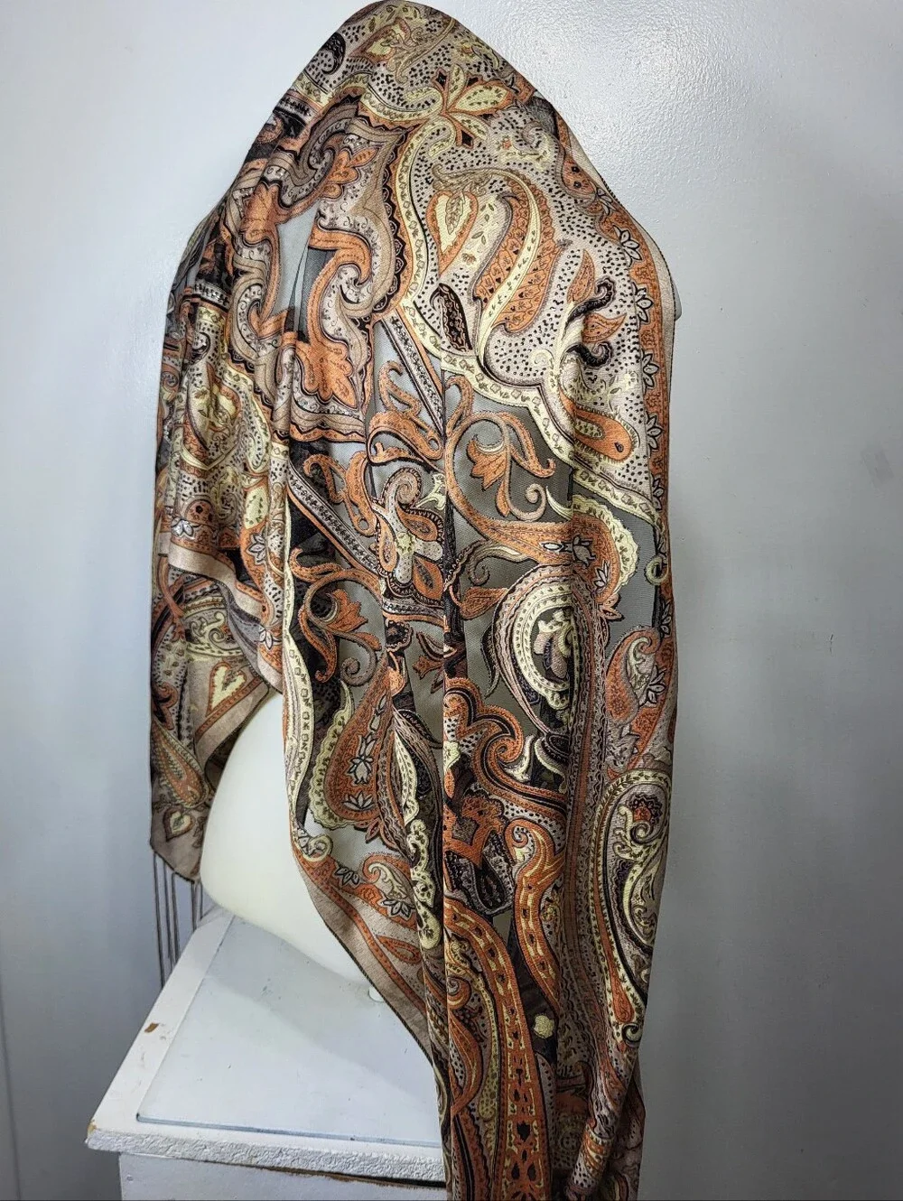 Paisley Fringe Scarf in Beige and Burnt Orange 20